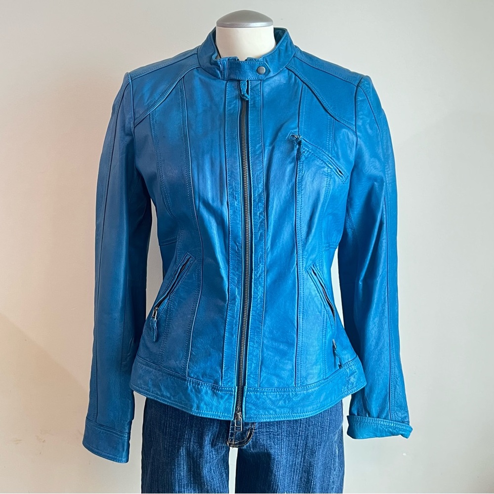 Vintage 90s Y2K Danier blue moto biker leather jacket